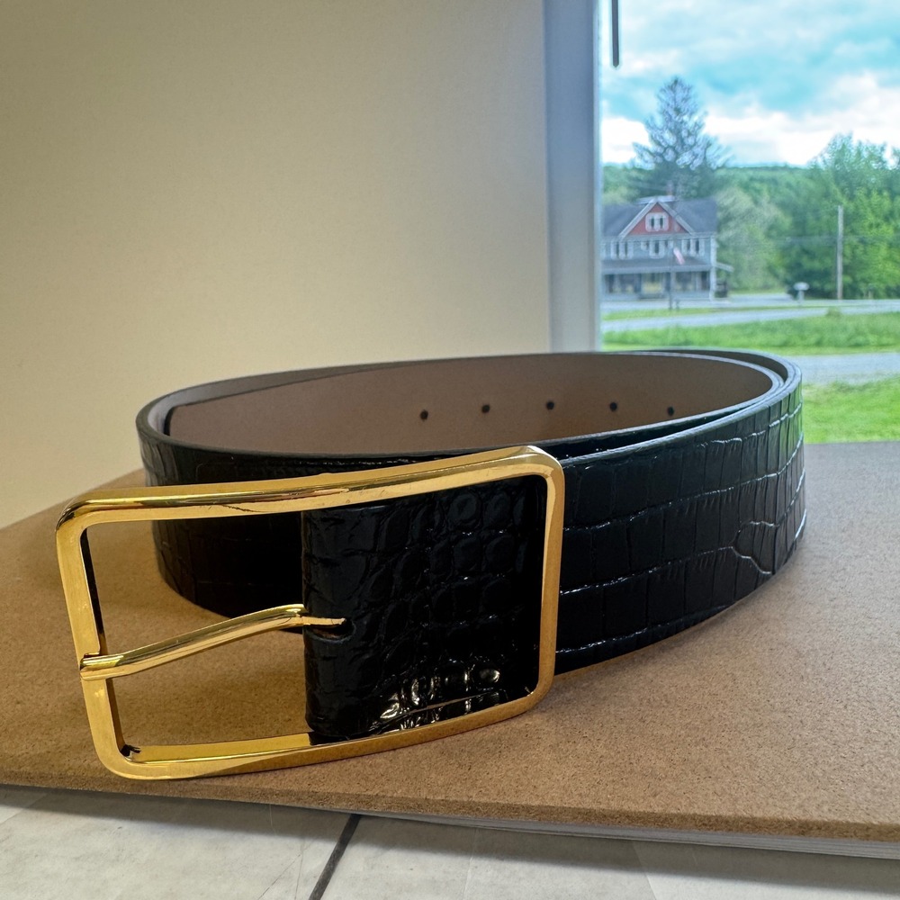 B-Low The Belt Black Croc Embossed Leather Belt Gold Buckle Made in Italy Small